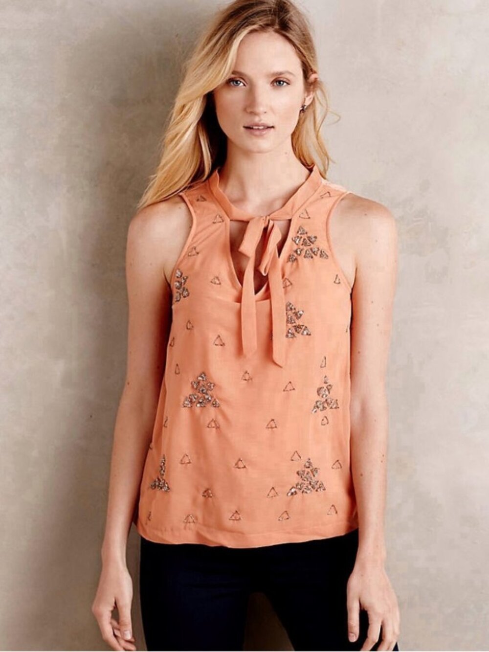 Anthropologie Akemi + Kin Peach Devon Beaded Bow Tank Sleeveless Top Chiffon M